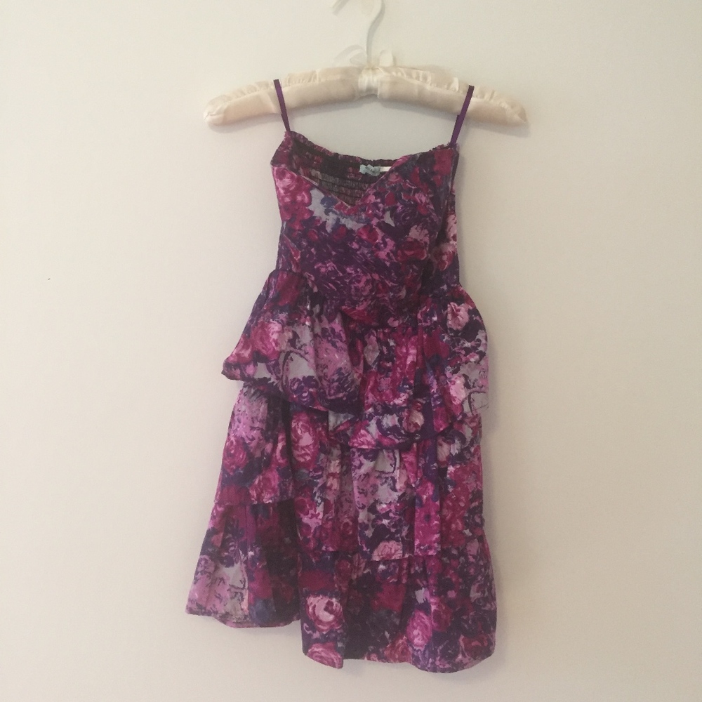New Vibrant Strapless Floral Ruffle Layered Dress